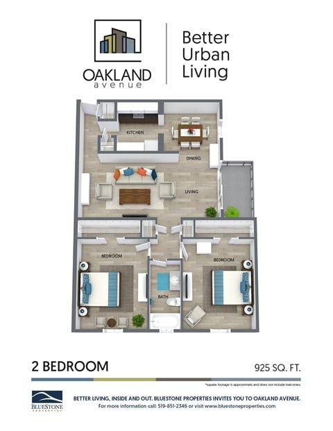 Floor plan for 2 beds, 1 bath, 926 sqft